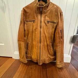 Men's Tan Leather Jacket with Zipper Pockets